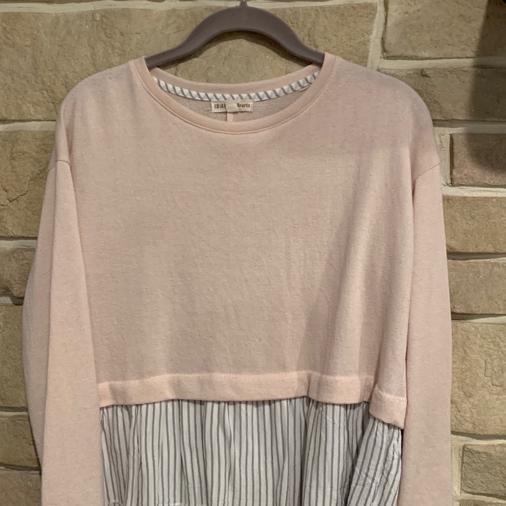 light pink, grey, white blouse shirt